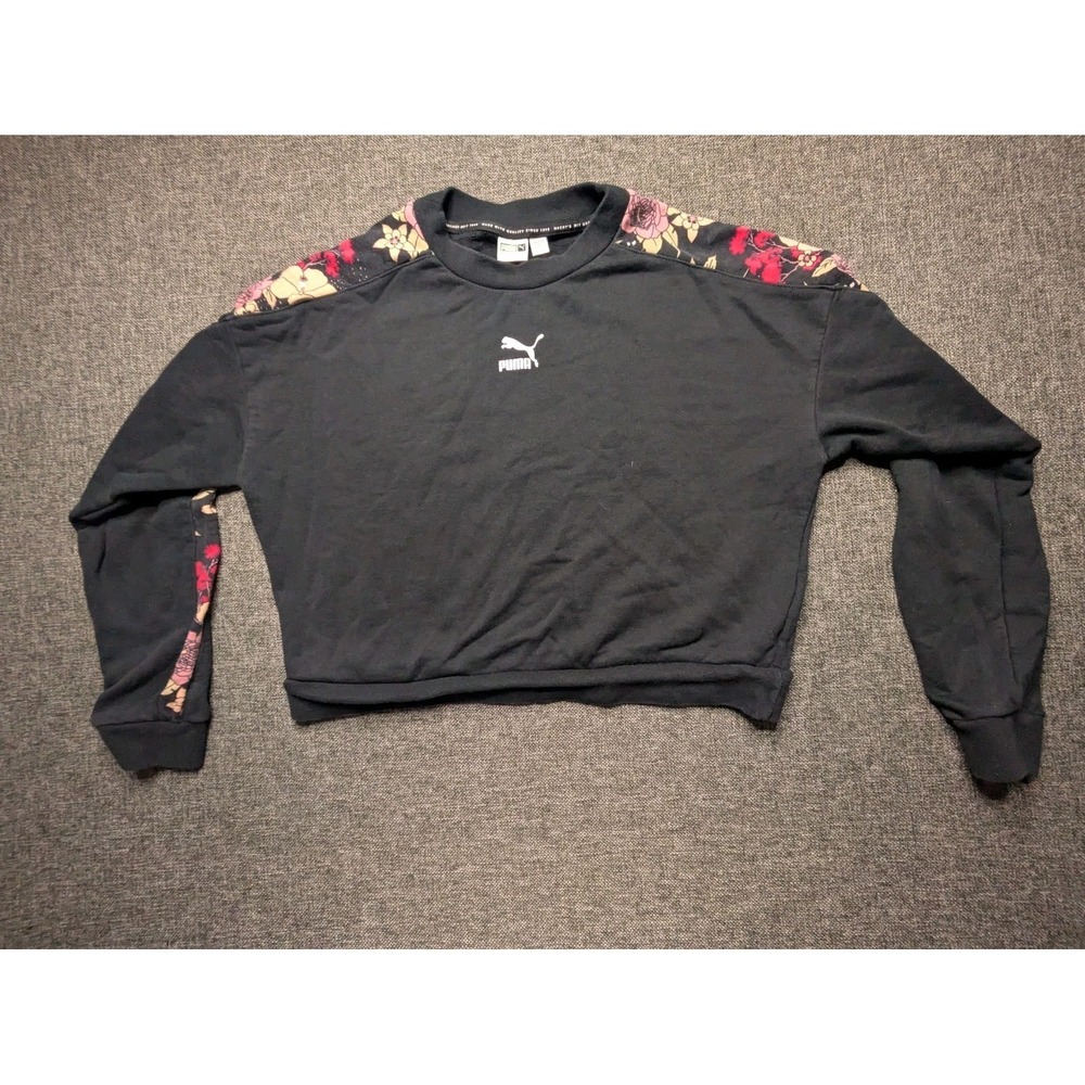 Puma Women's Large Floral Sweatshirt Cropped Black Pull Over Long Sleeve Shirt